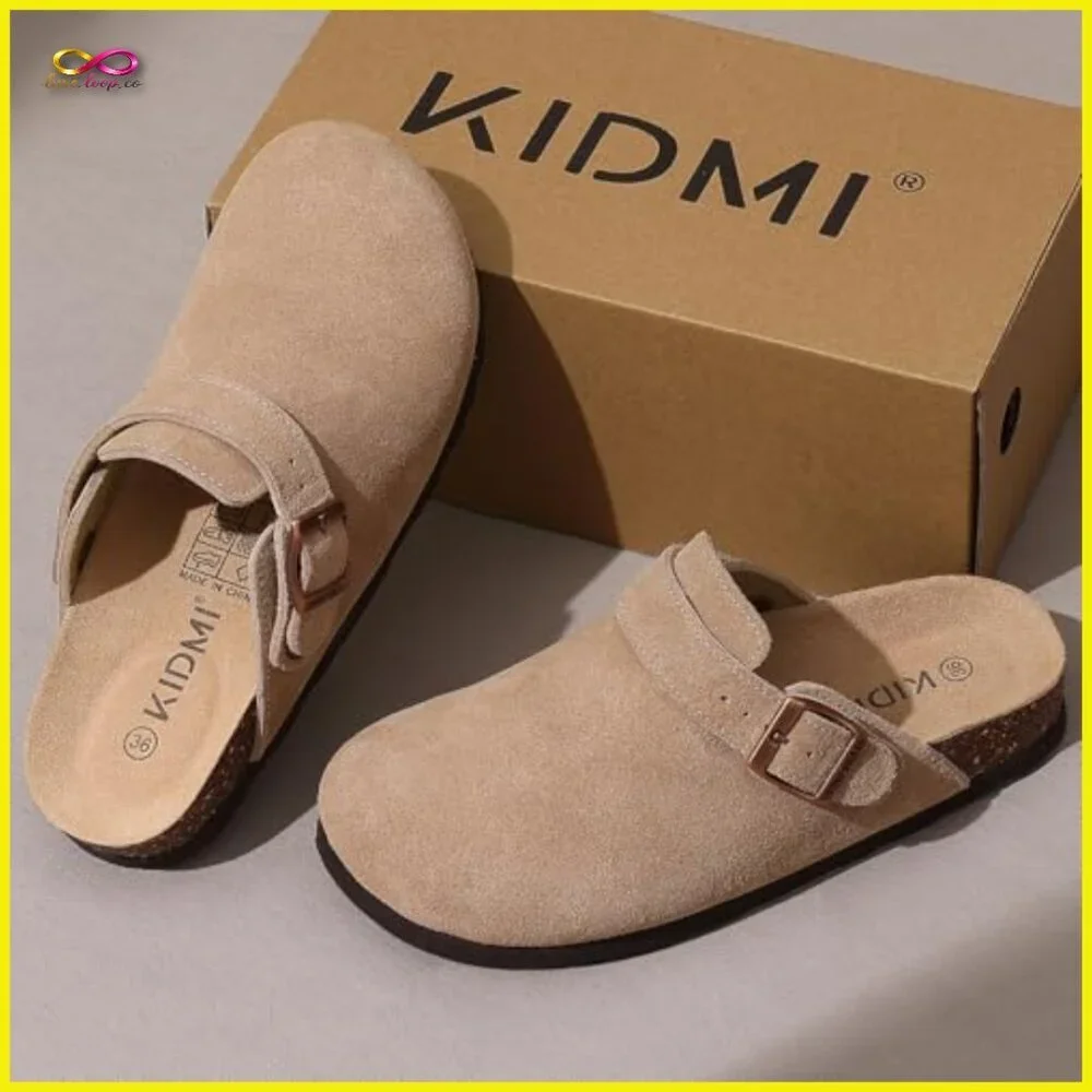 Suede Clogs with Back Strap Cork Footbed Slip On Casual Mules Retro Style - Picture 6 of 7